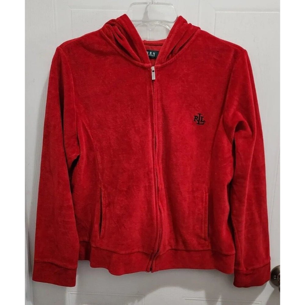 Y2K Lauren Ralph Lauren Full Zip Hoodie Track Jacket Velour Velvet Red Sz Large